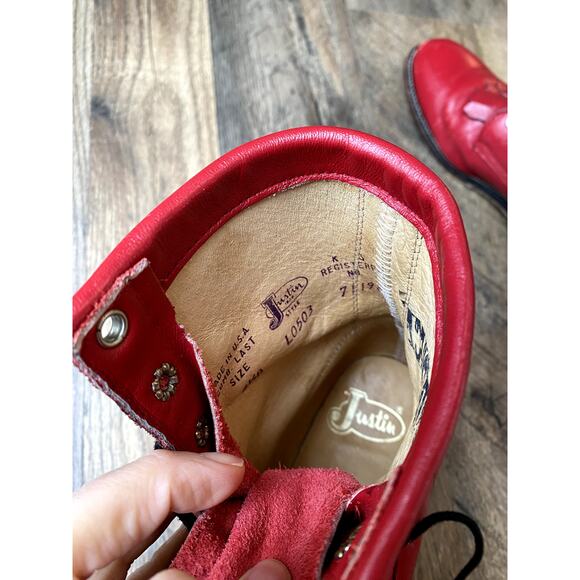 VNTG Justin Roper Women's Cherry Red Leather Fringe Lace Up Western Boots 6.5B - Picture 10 of 14